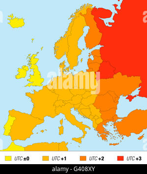 Time zone map of Europe, standard time. Universal Time - UTC, plus added hours in the respective countries. Stock Photo