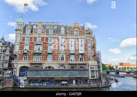 Seaside view of Hotel L'Europe of Amsterdam.Amsterdam is the capital city and most populous city of the Kingdom of the Netherlan Stock Photo