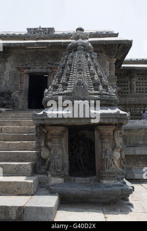 Miniature shrines with Bhumija style superstructure at entrance to Chennakeshava temple, Belur, Karnataka, India Stock Photo