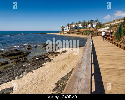Senda Litoral. Pathway wooden walkway path beach, Mijas Malaga province Costa del Sol. Andalusia southern Spain Europe Stock Photo