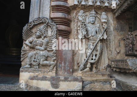 Close up of dwarapala and Garuda, on the right side of the South entrance, Chennakesava temple, Belur, Karnataka, India Stock Photo