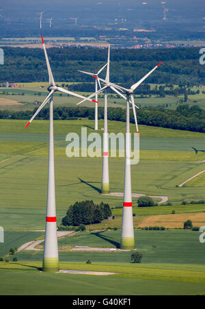 Aerial view, wind turbines, wind farm Wunnenberg, wind power, alternative energy, renewable energy, landscape destruction, Stock Photo