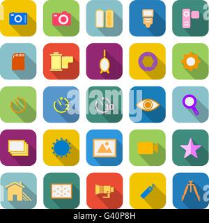 Camera color icons with long shadow on white background Stock Vector