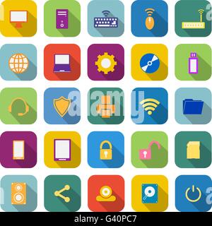 Computer color icons with long shadow on white background Stock Vector