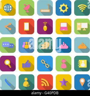 Network color icons with long shadow on white background Stock Vector