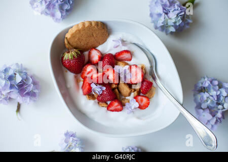 Coconut yogurt with strawberries and crushed coconut cookies Stock Photo