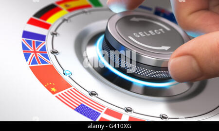 Hand turning a selection knob with many different flags around it. Concept of languages and multilingual support. Composite imag Stock Photo