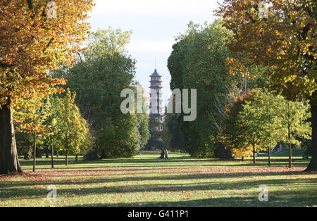 Autumn colours surround The Pagoda at Kew Gardens in west London. Stock Photo