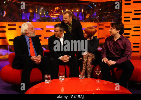 Donald Sutherland (left), Matt LeBlanc (2nd left), Mary Portas (2nd right) and David Mitchell (right) with host Graham Norton (centre) on The Graham Norton Show filmed at the London Studios, London. Stock Photo