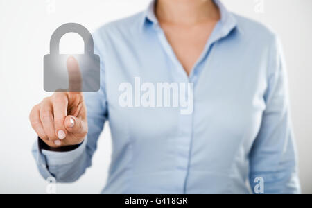 businesswoman pressing web internet icons on the digital touch screen of a tablet pc or a smart mobile phone Stock Photo