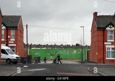 A general view of the site of the former home of Manchester City Football Club, Maine Road. Used by the club from 1923 until 2003 when the club moved to the current City of Manchester Stadium. The site is part of a redevelopment scheme in the local Moss Side area including residential buildings and a school Stock Photo