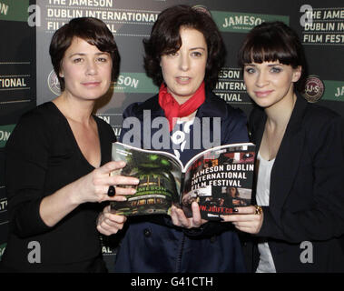 (Left to right) Actors Maura Tierney, Festival Director Grainne Humphreys and Charlene McKenna launch the Programme of the 2011 Jameson Dublin International Film Festival at the Merrion Hotel in Dublin. Stock Photo