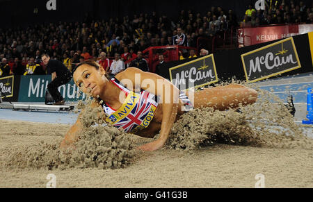 Great Britain's Jessica Ennis competes in the Women's Long Jump during the Aviva International Match at Kelvin Hall, Glasgow. Stock Photo