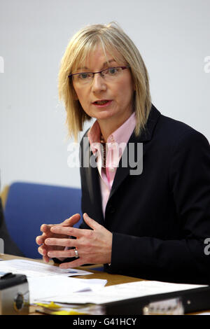 Director of the Public Health Agency Carolyn Harper at a media briefing in Belfast where it was announced that two adults with no underlying health problems have died from swine flu in Northern Ireland. Stock Photo