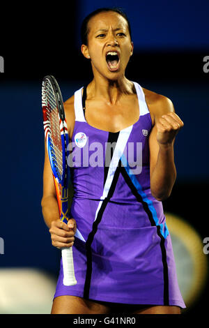 Great Britain's Anne Keothavong celebrates winning a point during her match against Germany's Andrea Petkovic Stock Photo