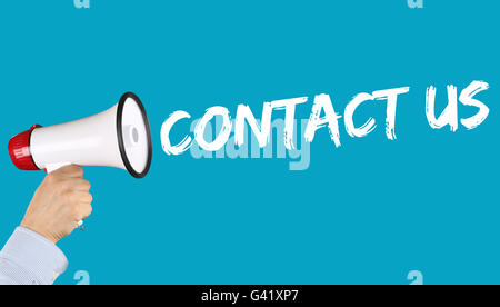 Contact us assistance support customer service help hand with megaphone Stock Photo