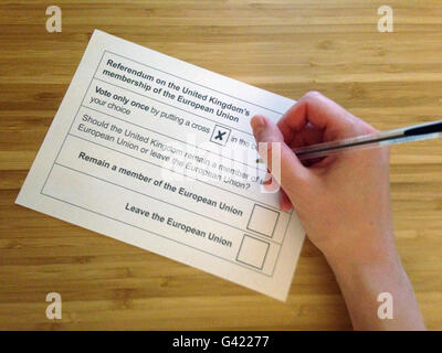 London, UK. 16th June, 2016. ILLUSTRATION - A picture dated 16 June 2016 shows a ballot paper for the EU referendum in London, United Kingdom, 16 June 2016. On 23 June the British citizens will vote on whether they want to remain in the EU or not. Photo: Elisabeth Moseley/dpa/Alamy Live News Stock Photo