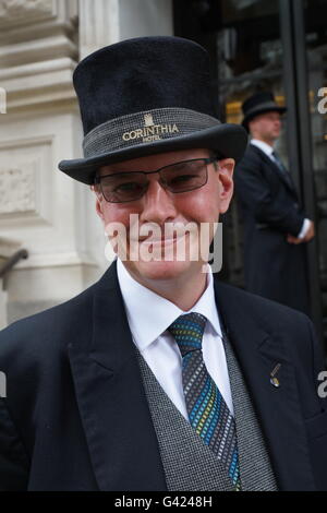 London, UK. 17th June 2016. The doorman at the Corinthia Hotel would not comment on the nature of the GHOSTBUSTERS' visit. Credit:  Peter Hogan/Alamy Live News Stock Photo