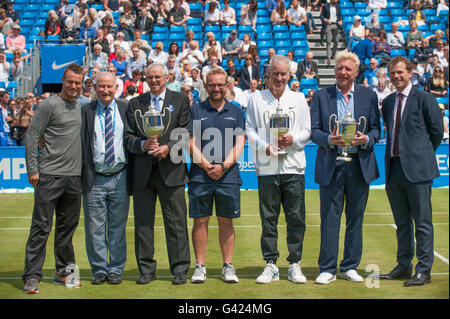 The Queen’s Club, London UK. 17th June 2016. Day 5 of grass court championships at the west London club, four-time champions are presented with quarter size replica trophies. Credit:  sportsimages/Alamy Live News. Stock Photo