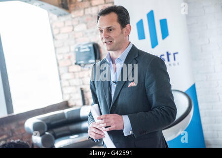 London, UK. 16th June, 2016. Launch of Invstr app at skylight, Millbank Tower. The app equips investors with sophisticated market data and financial news on their smartphones demystfying and democratising investment opportunities in the process. Stock Photo