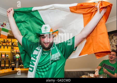 Skibbereen, West Cork, Ireland. 18th June, 2016. Ireland fan Cathal Minihane, from Skibbereen, was dressed for the occasion in the Eldon Hotel in Skibbereen before the Ireland Vs Belgium game in Bordeaux in the 2016 Euros. Credit: Andy Gibson/Alamy Live News. Stock Photo
