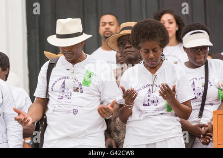 Charleston, United States. 18th June, 2016. Family members of the Charleston Nine pray during a memorial service at the Mother Emanuel African Methodist Episcopal Church on the anniversary of the mass shooting June 18, 2016 in Charleston, South Carolina. Nine members of the church community were gunned down during bible study inside the church on June 17, 2015. Credit:  Planetpix/Alamy Live News Stock Photo