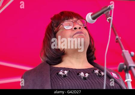 London, UK. 18th June, 2016. Dianne Abbott MP addresses a convoy of hundreds of cars, vans and lorries packed with supplies for the inhabitants of refugee camps in Calais, France. Credit:  Denis McWilliams/Alamy Live News Stock Photo