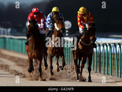 Horse Racing - Blue Square Winter Carnival - Southwell Racecourse. Fifth in Line (far left - red) ridden by Denis Sweeney comes home to win The place only betting at bluesq.com selling stakes Stock Photo