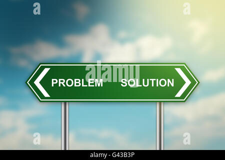 solution and problem on green road sign with blurred blue sky, dark and bright side concept Stock Photo