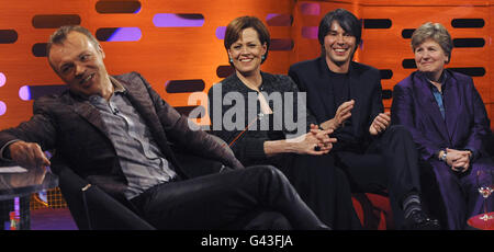 Presenter Graham Norton with his guests, (left to right) actress Sigourney Weaver, Professor Brian Cox and comedienne Sandi Toksvig, during the recording of The Graham Norton Show at The London Studios in south London, which will be transmitted on BBC One on Friday February 11th. Stock Photo