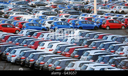 New cars are parked on the quayside at Grimsby Docks. Stock Photo