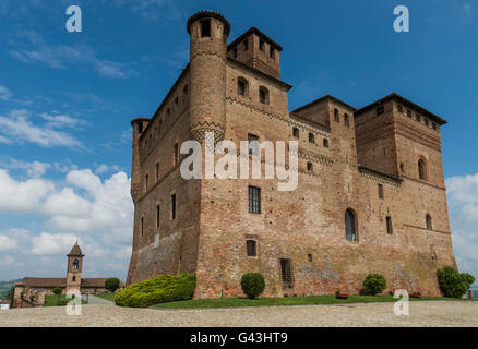 Grinzane Cavour, Italy - May 30, 2016: Wine Castle Grinzane Cavour and Church in  Piedmont in Barolo district in Italy. Stock Photo