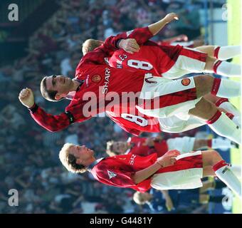 Manchester United's Eric Cantona celebrates his goal in this afternoon's game against Wimbledon as the Premier League burst into life on the opening Saturday of the season. By Sean Dempsey/PA. Stock Photo