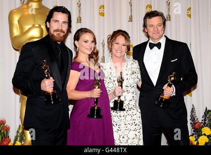 (L-R) Christian Bale, Natalie Portman, Melissa Leo and Colin Firth with their Best Actor awards, at the 83rd Academy Awards at the Kodak Theatre, Los Angeles. Stock Photo