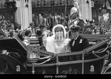 The Duke and Duchess of York on their way to Buckingham Palace after their wedding at Westminster Abbey.