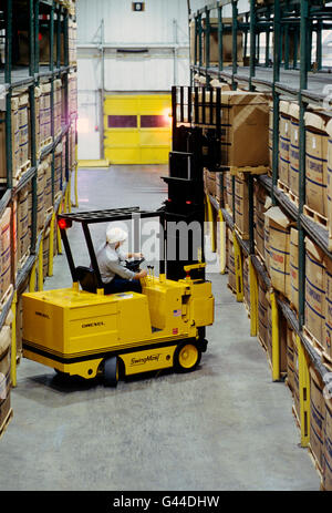 Forklift working in a large distribution warehouse