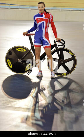 Olympic Velodrome completed. Victoria Pendleton of the Great Britain Track Cycling team admires the newly finished Olympic Velodrome in Stratford, London. Stock Photo