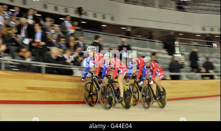 Members of the Great Britain Track Cycling team test out the newly finished Olympic Velodrome in Stratford, London. Stock Photo