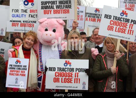 (left to right) Christine Hamilton, Sharron Davies and Liz McClarnon at the Sign Our Sausage rally organised by the National Pig Association where hundreds of pig farmers from all over the UK came to Whitehall in London to campaign for a fair deal from supermarkets and processors. Stock Photo