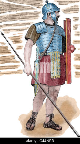 Roman legionary. Engraving. Color. 19th century. Stock Photo