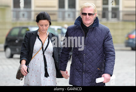 Colin Hendry arrives at Bolton Coroners Court with daughter Rheagan for the inquest into the death of his wife Denise. Stock Photo