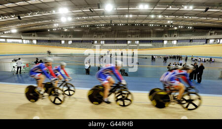 Members of the Great Britain Track Cycling team test out the newly finished Olympic Velodrome in Stratford, London which will be officially opened later today. Stock Photo