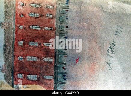 The painting thought to have been painted by Adolf Hitler that is due to go on sale next week after remaining undiscovered in a British ex-serviceman's home for half a century.  The painting, showing a series of tiny black figures scurrying across a square in Vienna, is thought to date from a few years before World War One,  when Hitler subsisted by dashing off pictures for sale. On the right a ray of sunshine beams down past a church spire. In the righthand corner is the signature 'A. Hitler' and a date which reads '1911'. See PA story SALE Hitler. Photo by John Giles/PA. Stock Photo
