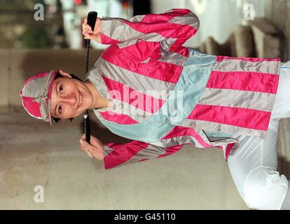 The British Horseracing Board is to sell the third and final release of Cherished Colours in a Sotheby's auction devoted to horse racing. This unique occasion - the first time the right to register colours has been auctioned in public - will take place at Sotheby's in London on Wednesday November 13. Picture shows Claire Marmon modelling the actual racing silks worn by jockey Lester Piggott on the occasion of his first Derby win in 1954 which are estimated to fetch 300- 500. Photo by David Giles/PA. Stock Photo