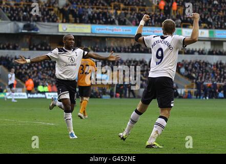 Tottenham Hotspur's Roman Pavlyuchenko (right) celebrates scoring his side's third goal of the game with teammate Jermain Defoe (left) Stock Photo