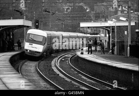 The Advanced Passenger Train, British Rail's tilting train which was later rejected by the network. It was announced that the high speed tilting trains could be back on major London-Scotland services as part of a 1.5 billion scheme. * 14/2/2001: The country's first electric tilting train since the 1980s went on trial, at a track near Melton Mowbray. It's the first of 55 eight and nine carriage Pendallino express trains which Virgin Railways will operate on the west coast main line between London Euston, Manchester and Scotland. Before the 1.25 billion fleet of trains, capable of speeds of up Stock Photo