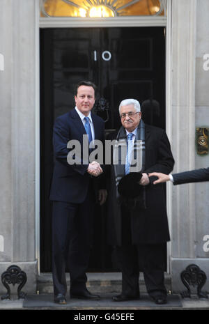 Prime Minister David Cameron greets President of the Palestinian National Authority Mahmoud Abbas on the steps of 10 Downing Street. Stock Photo