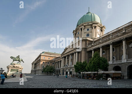 The equestrian statue of Prince Eugene of Savoy stands on the Danube terrace in front of the former Royal Palace now the Hungari Stock Photo