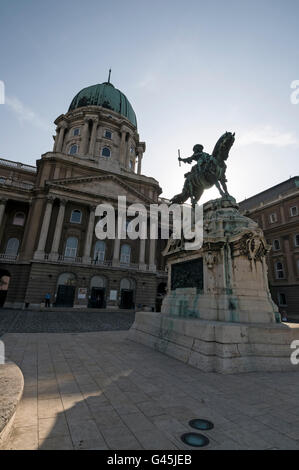 The equestrian statue of Prince Eugene of Savoy stands on the Danube terrace in front of the former Royal Palace now the Hungary Stock Photo