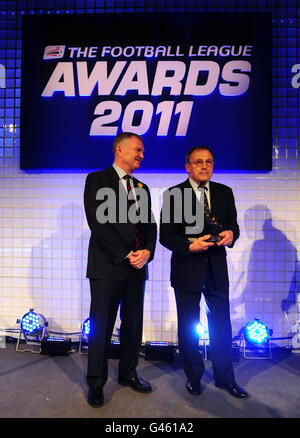 Crewe Alexandra's fist team manger Dario Gradi MBE (right) recieves his Contribution to League football Award at the Football League Awards 2011 Stock Photo